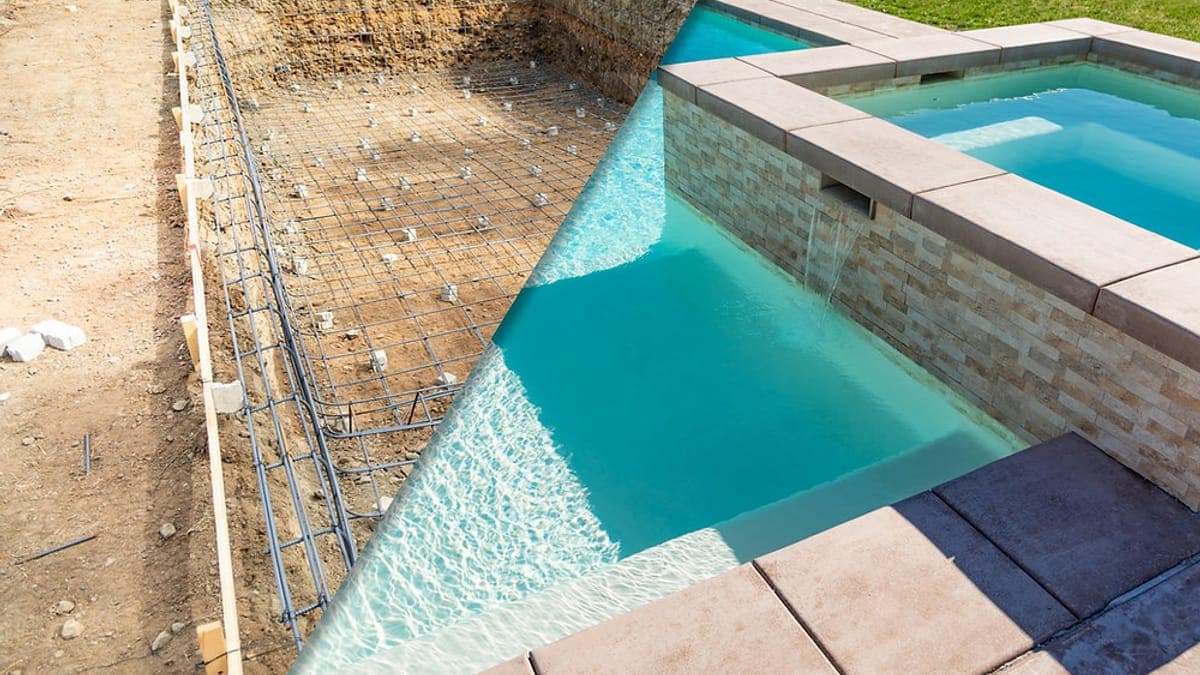 Before and after view of a Houston backyard pool, from steel and gunite shell to finished waterfall spa