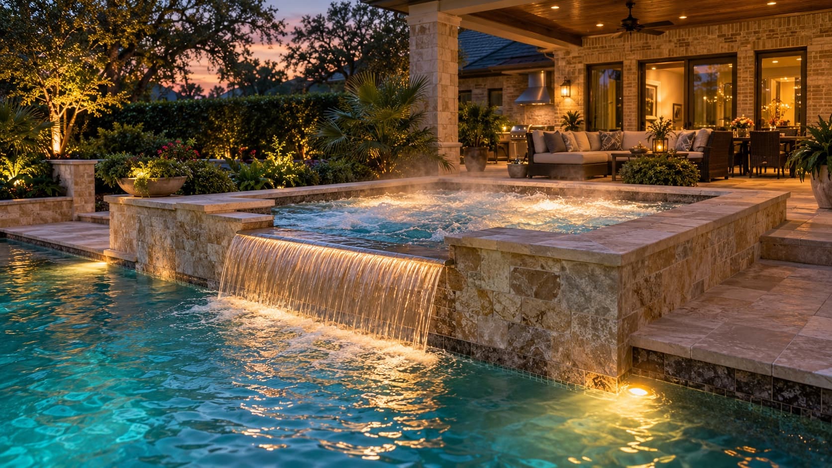Raised stone spa with a spillway waterfall into a pool at dusk