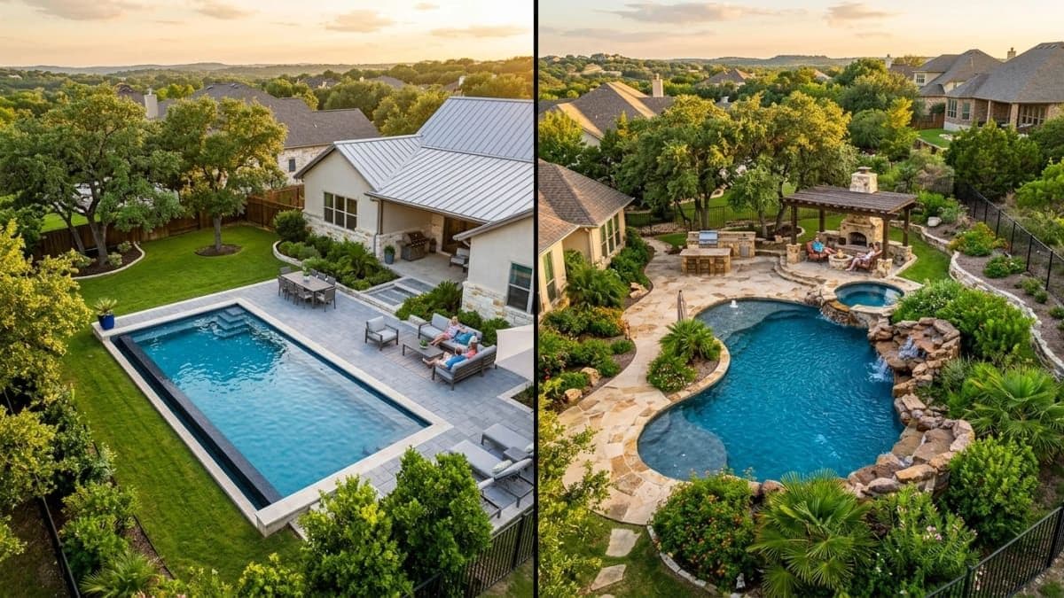 Side-by-side comparison of a geometric rectangular pool patio and a freeform lagoon-style pool with a rock waterfall
