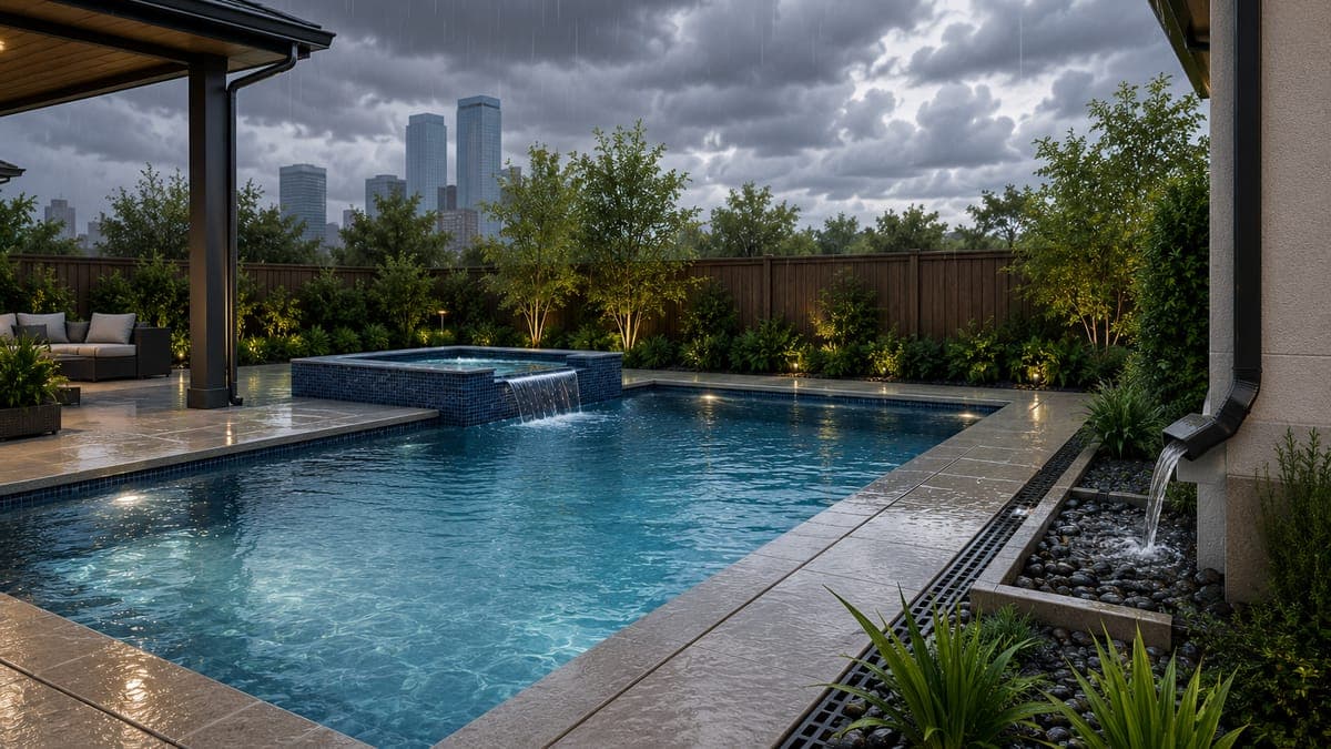Custom Houston backyard pool and deck designed with drainage in mind for heavy rain