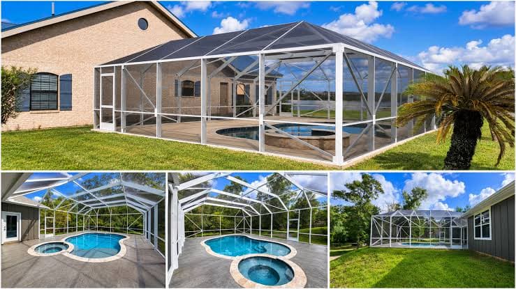Collage of a new Tomball backyard with a screened pool enclosure, freeform pool, and spa surrounded by green lawn