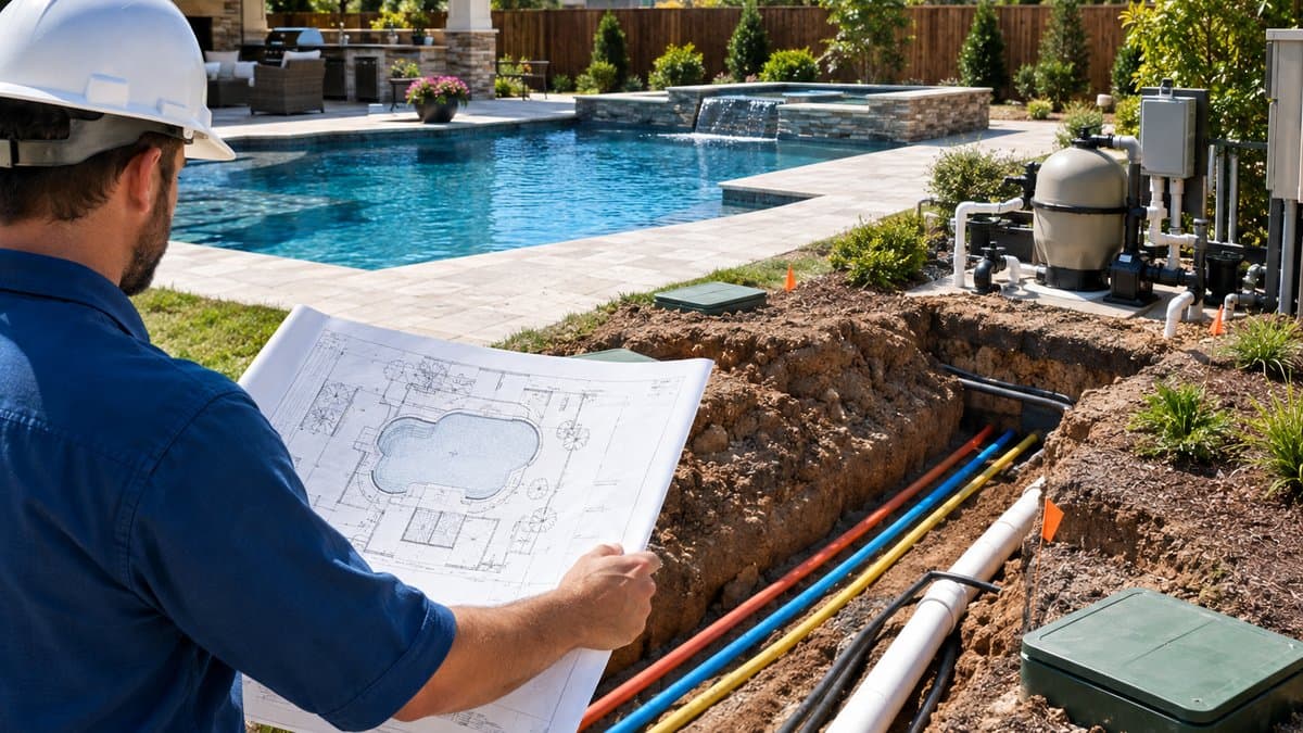 Pool contractor reviewing backyard construction plans beside a Houston pool, equipment pad, and open utility trench