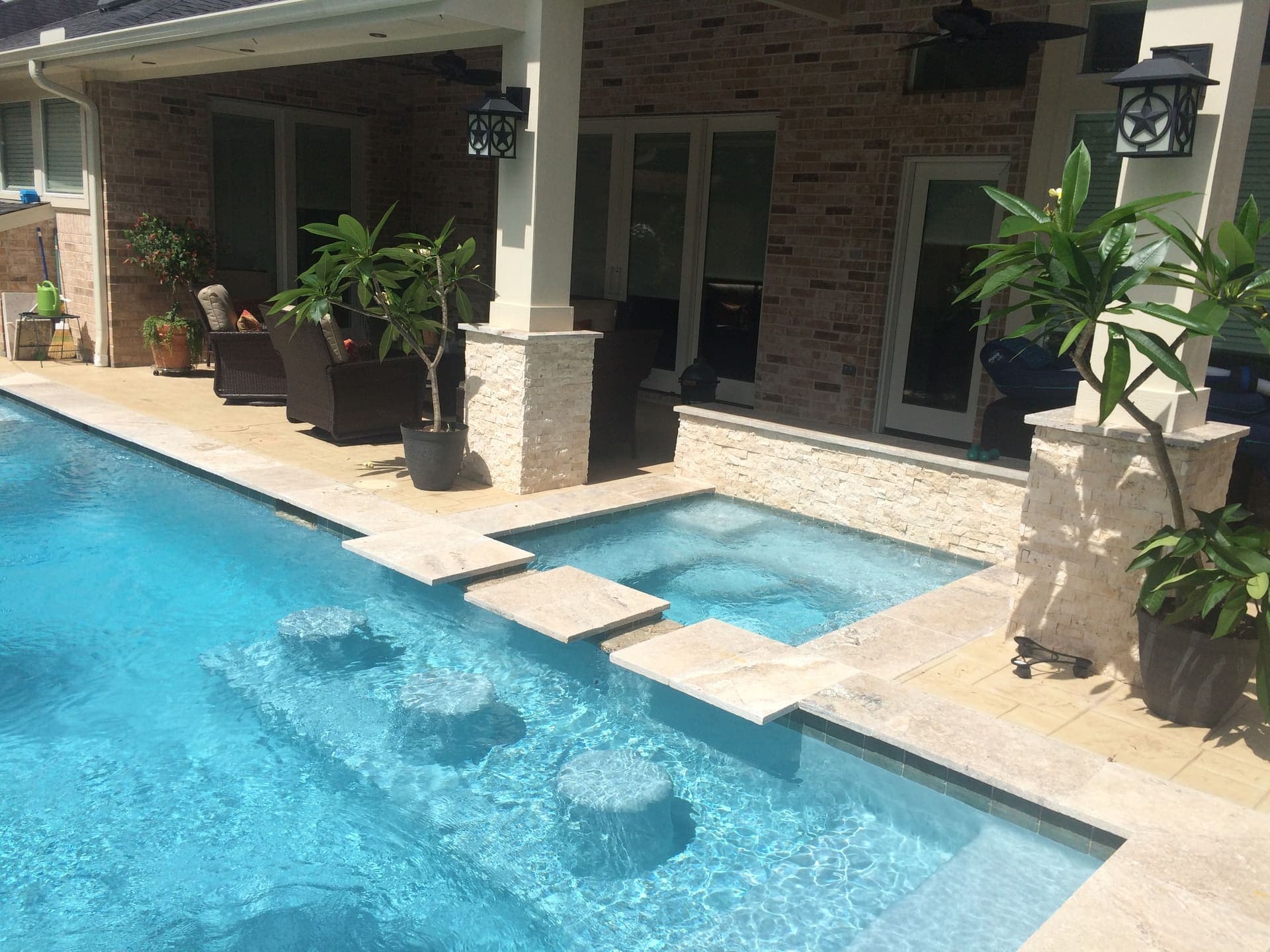 Backyard pool retreat at twilight