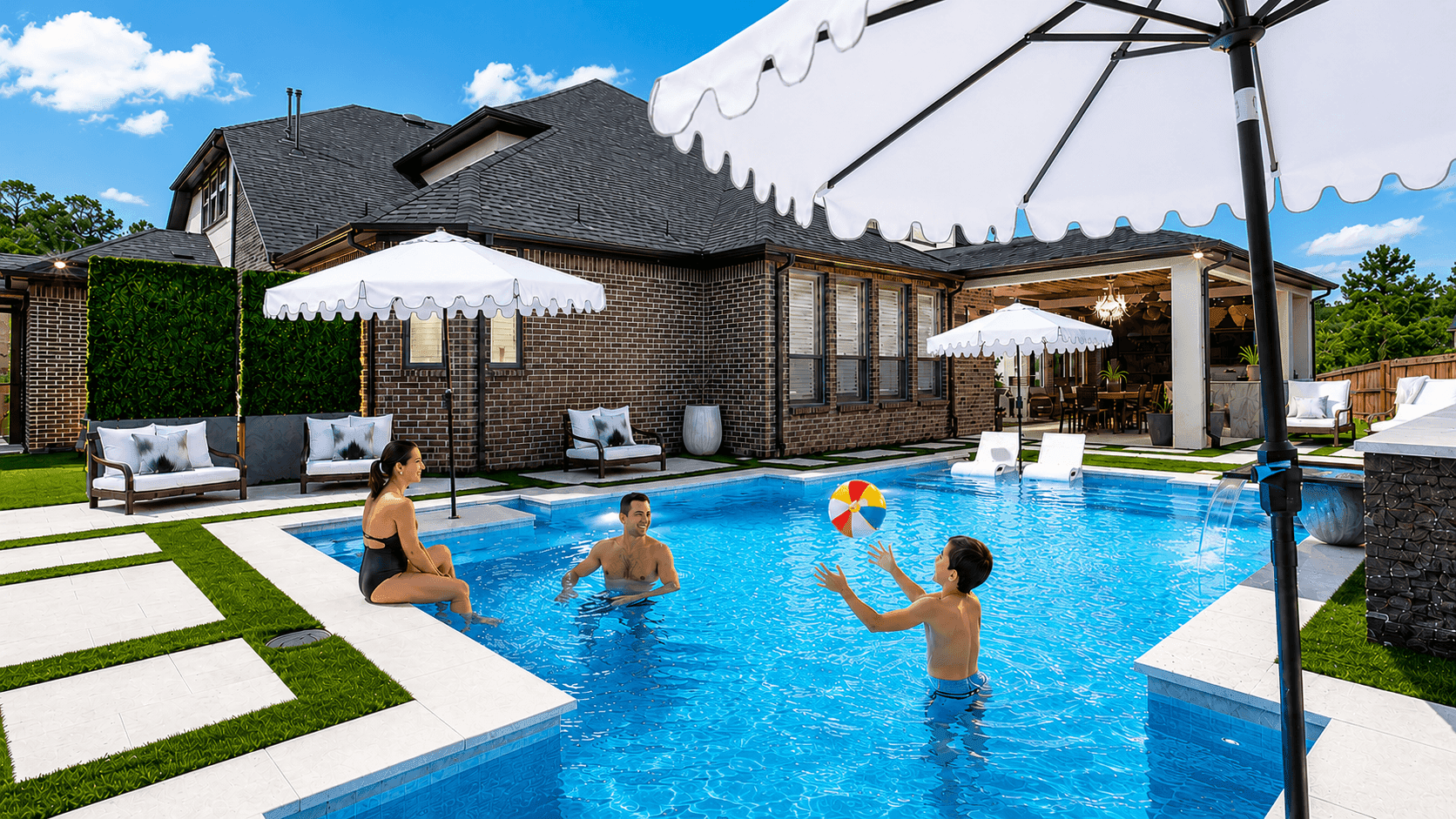 Family enjoying a sunny Houston backyard pool