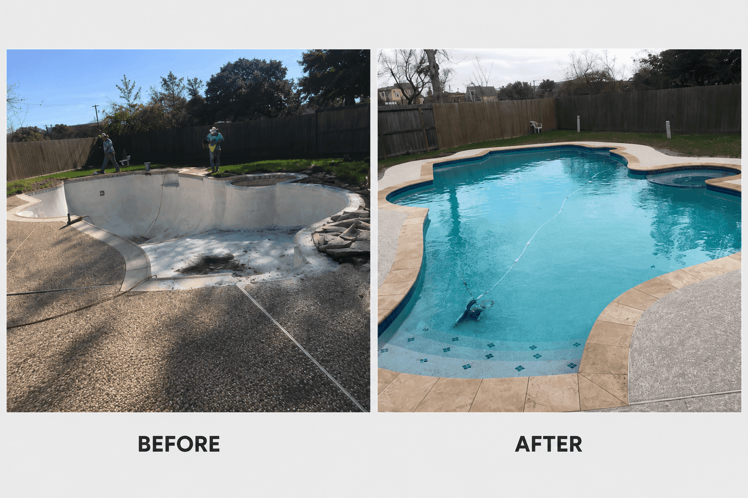 Custom Houston Cool Pools remodel with waterfalls, fire feature, and outdoor living