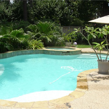Free form pool by Houston Cool Pools - kidney-shaped pool with raised spa